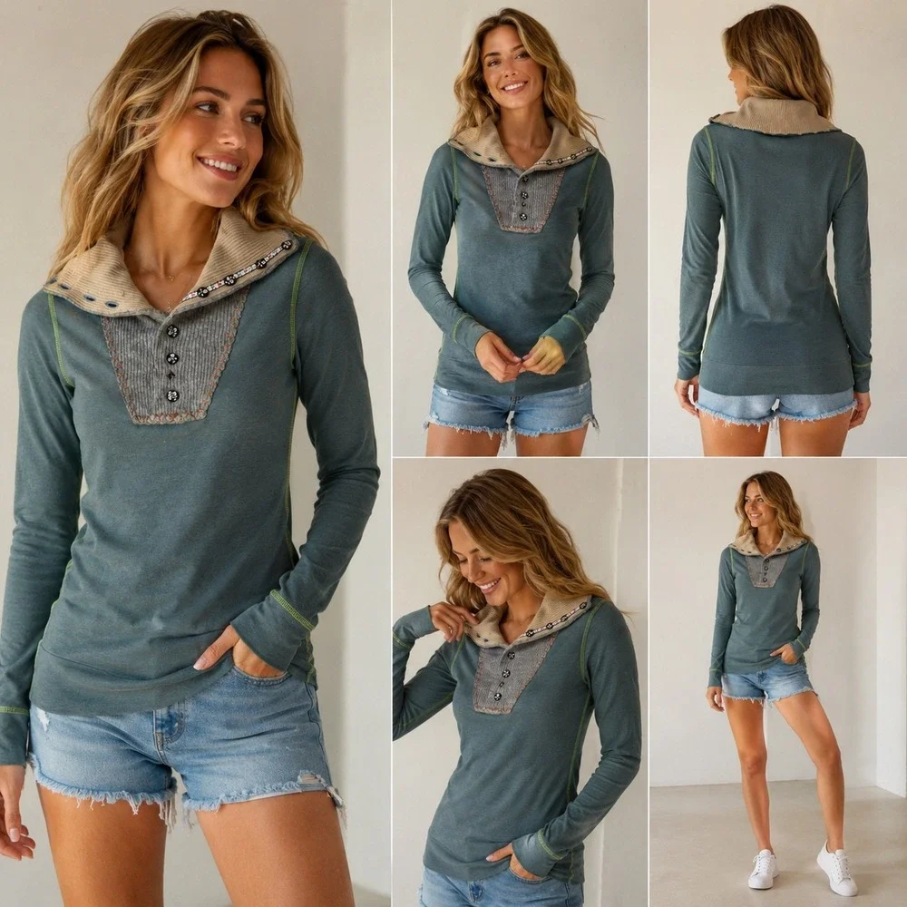 Free People Teal Blue Mixed Media Thermal Knit Top Boho Rose Button Womens Small